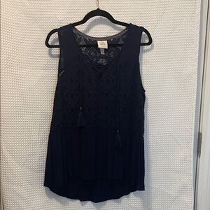 Knox Rose Navy Sleeveless Lace front tie Tank Top High Low Ruffle Bottom LG